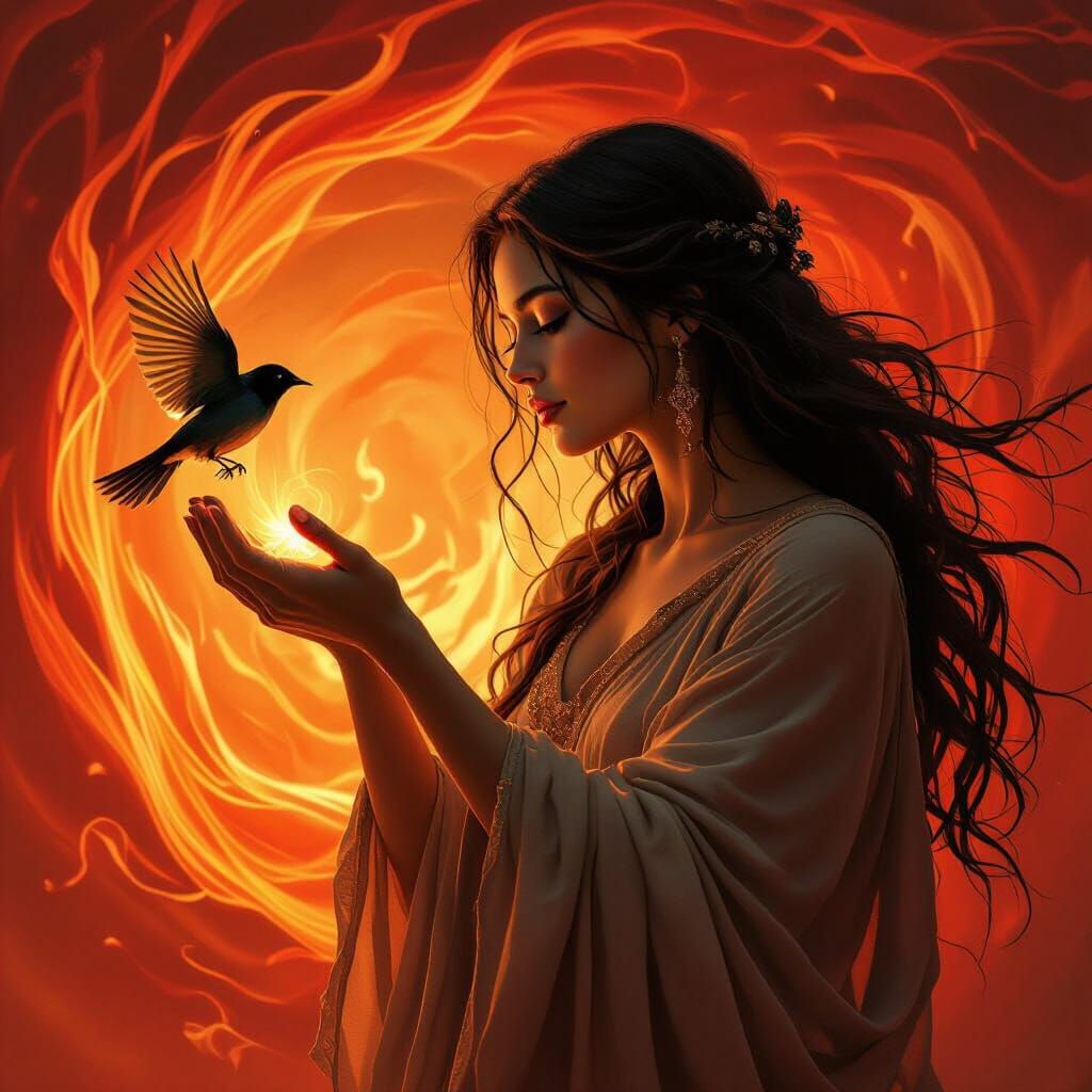 Woman Releasing Bird in Fiery Digital Art