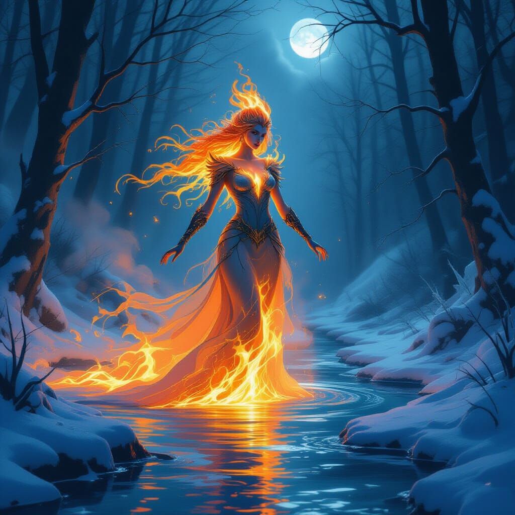Fiery Woman Emerges From Frozen Stream in Fantasy Art Style