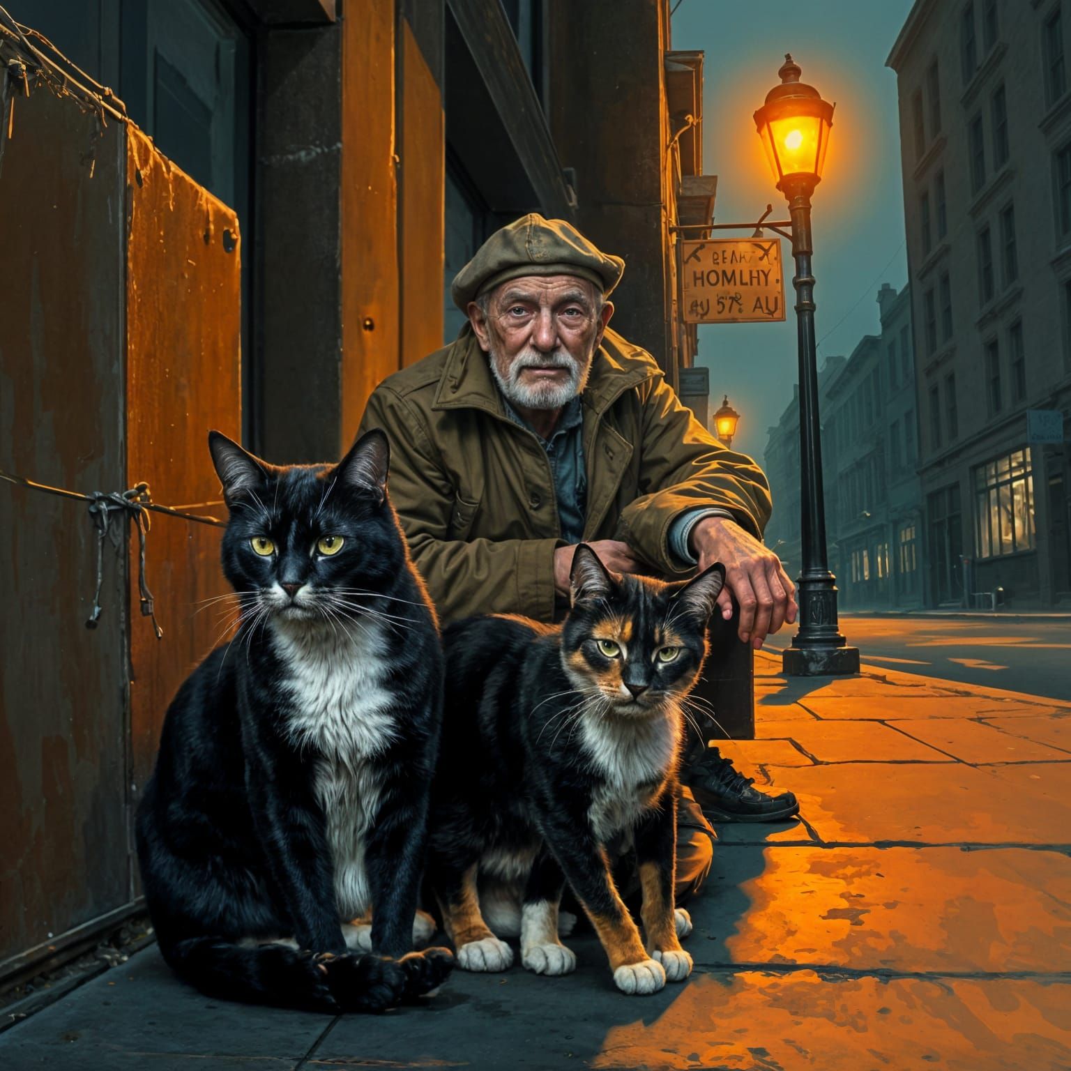 Moody Urban Street Corner at Dusk with Feline Friends