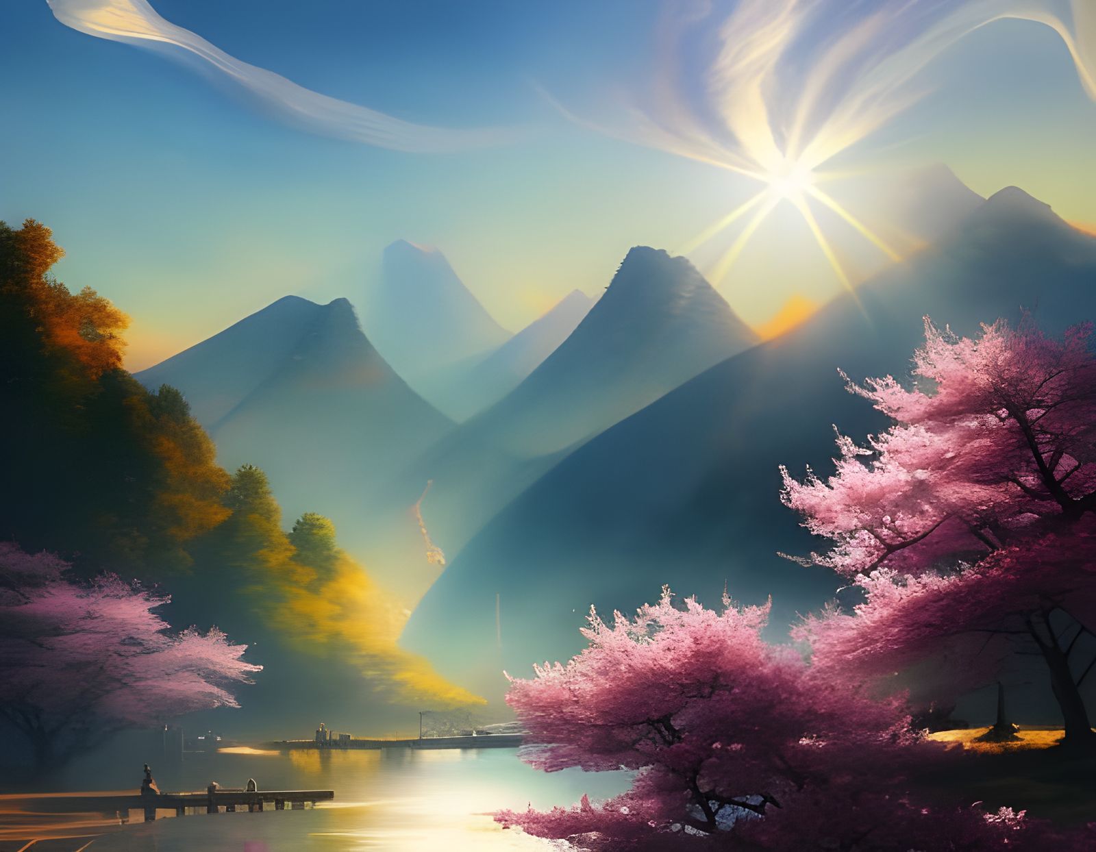 Feudal Japan Cherry Blossoms in Watercolor Style