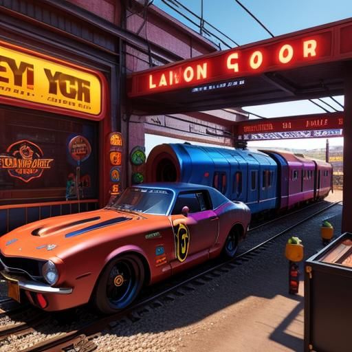 Tangerine Thunder: The Daring Race Car Blitz on Train Tracks