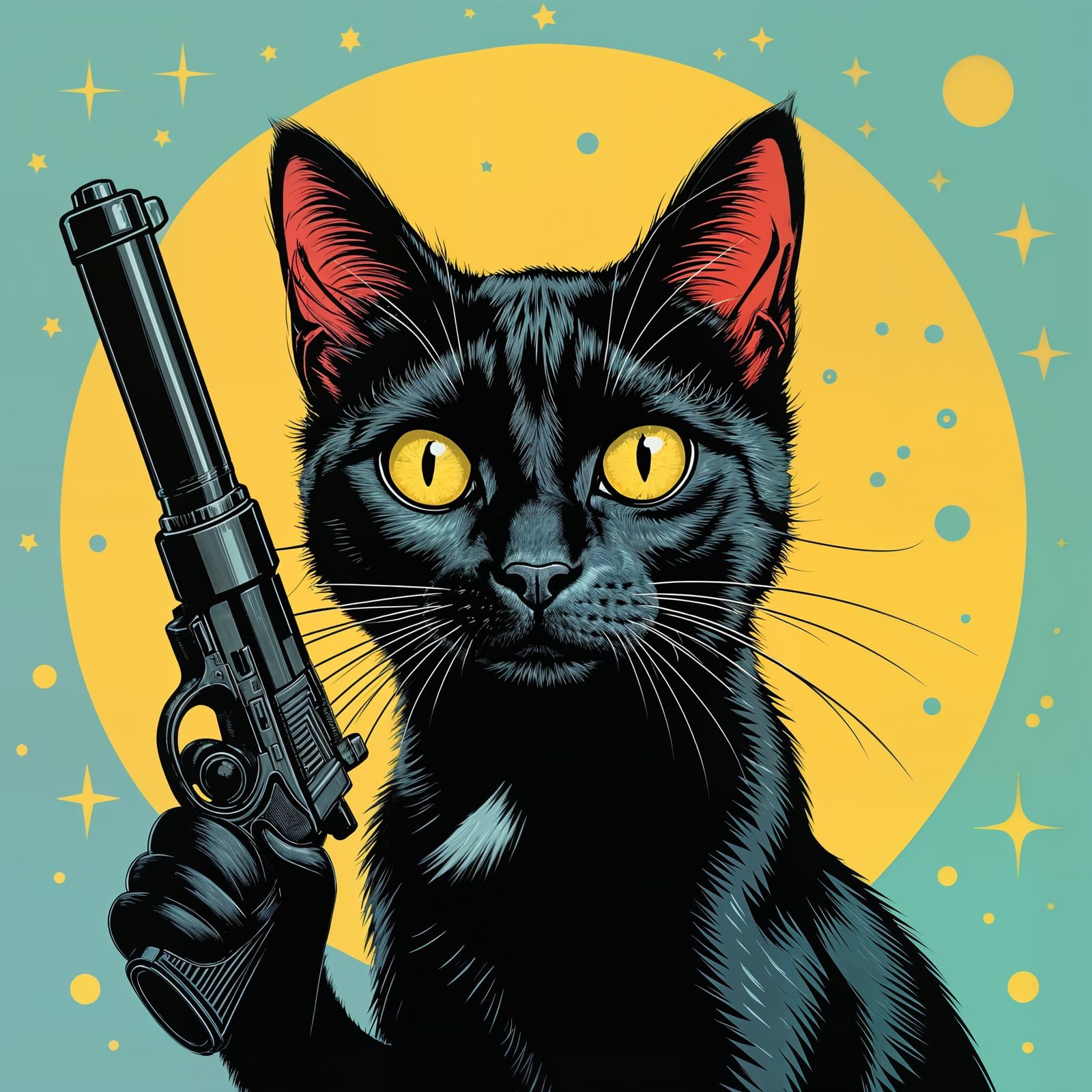 Surreal Futuristic Feline Warrior in Retro Comic Style