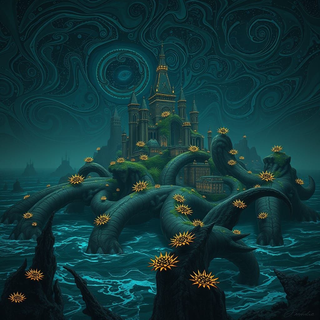 Surreal Cityscape on Petrified Sea Creatures in Glowing Ocea...