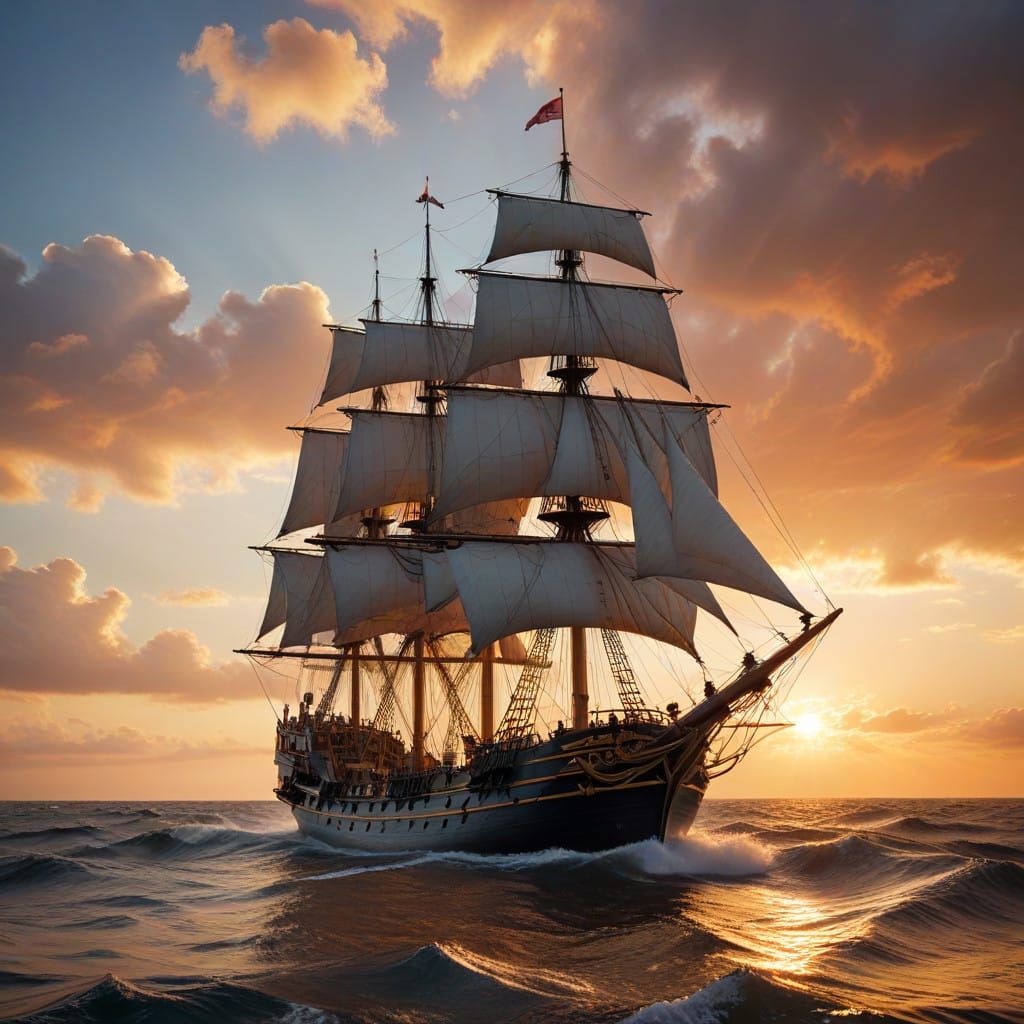 Majestic 16th-Century Galleon Cuts Through Sunset Waters