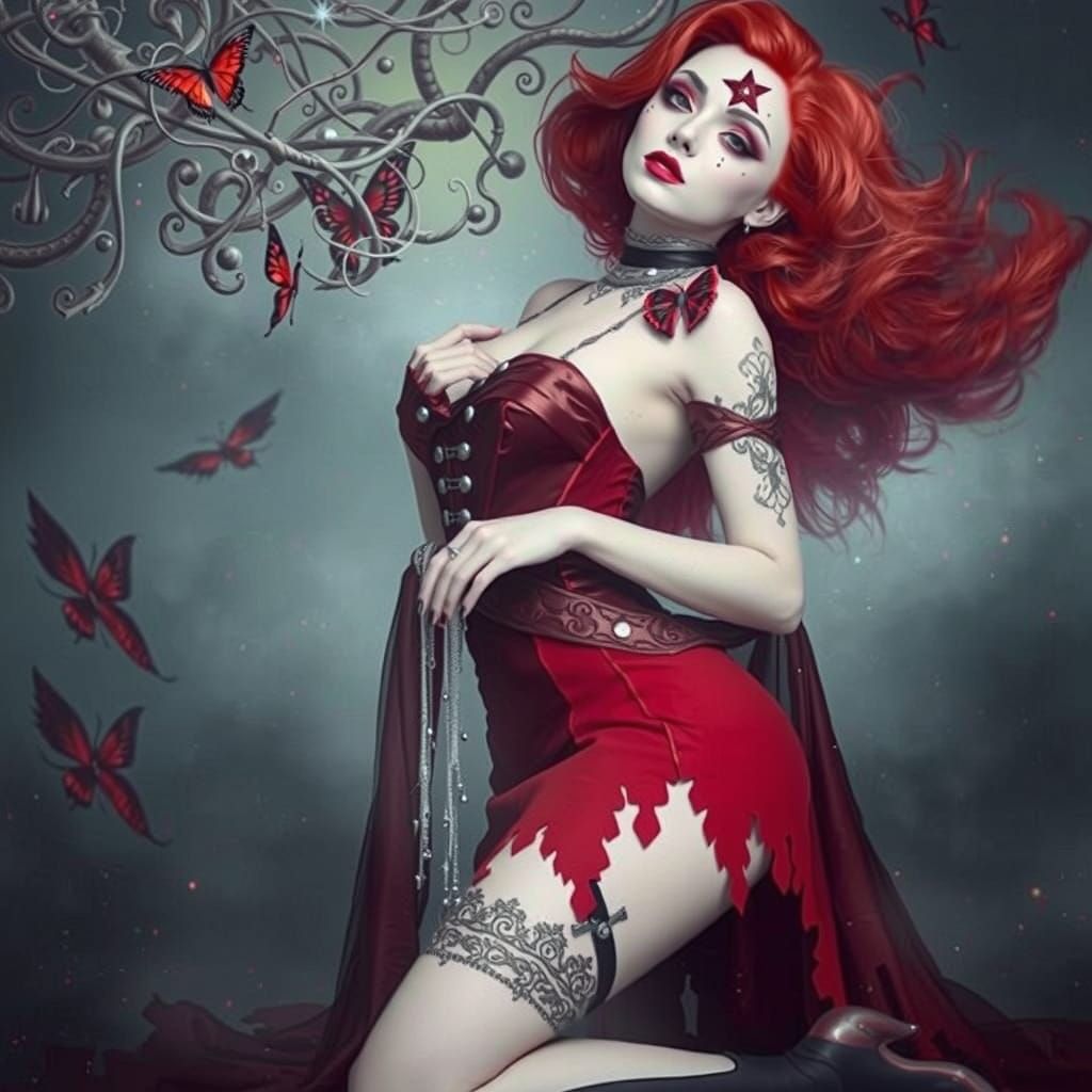Dark Fantasy Goddess in Red Velvet Gown