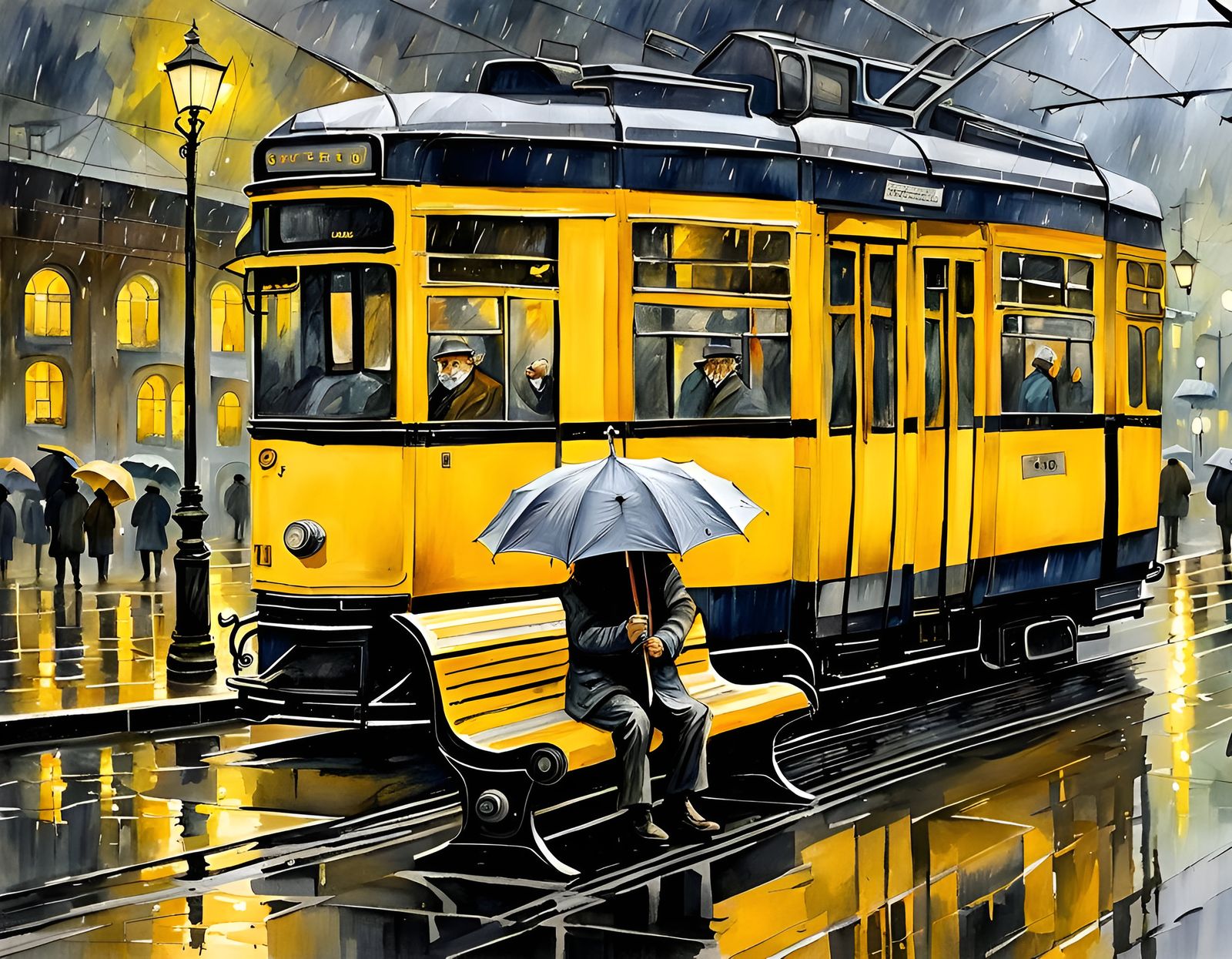 Rainy Day Tram Stop: Watercolor and Pencil Art