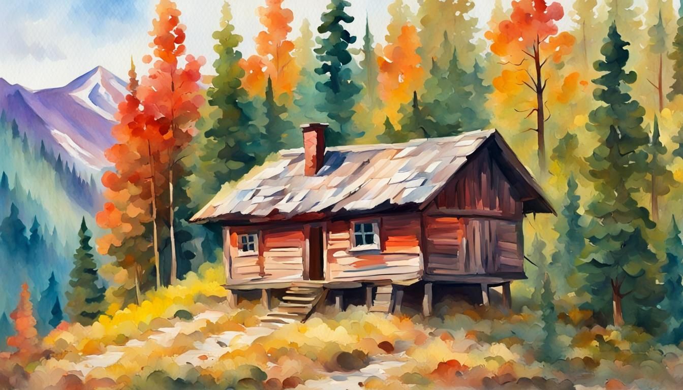 Mountain Hut Forest in Gouache Watercolor Style