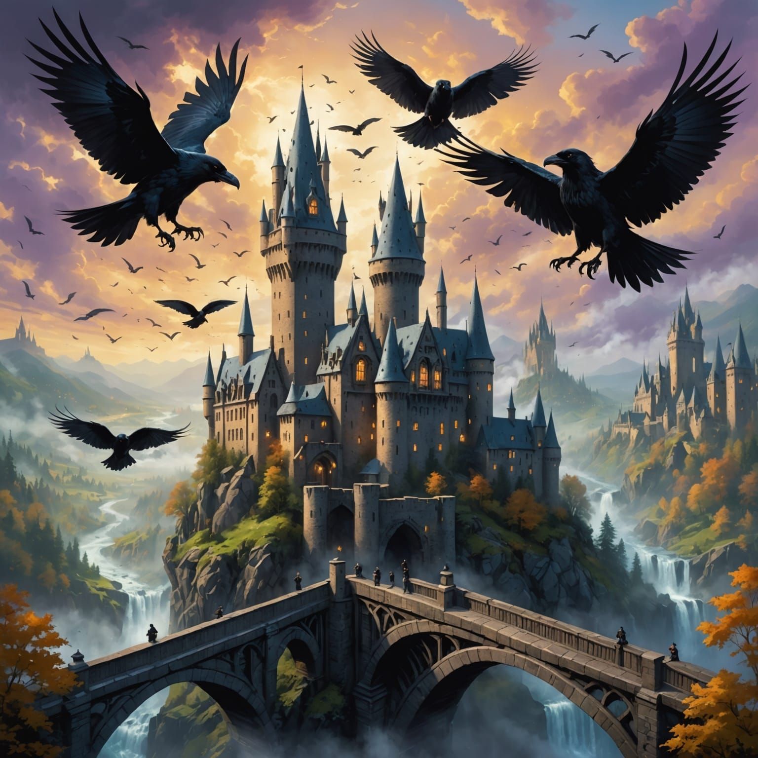 Ethereal Fantasy Castle with Wizards and Ravens