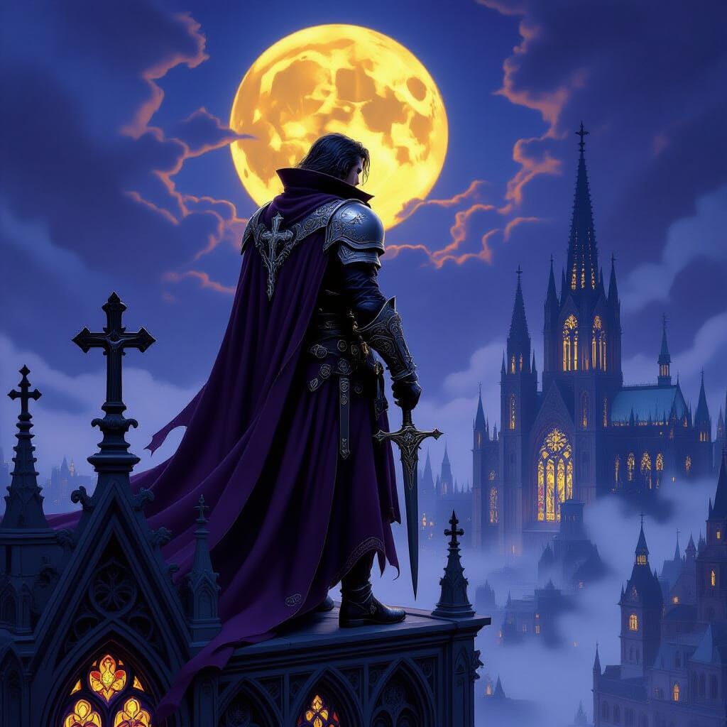 Vampire Hunter Overlooking Gothic City at Night