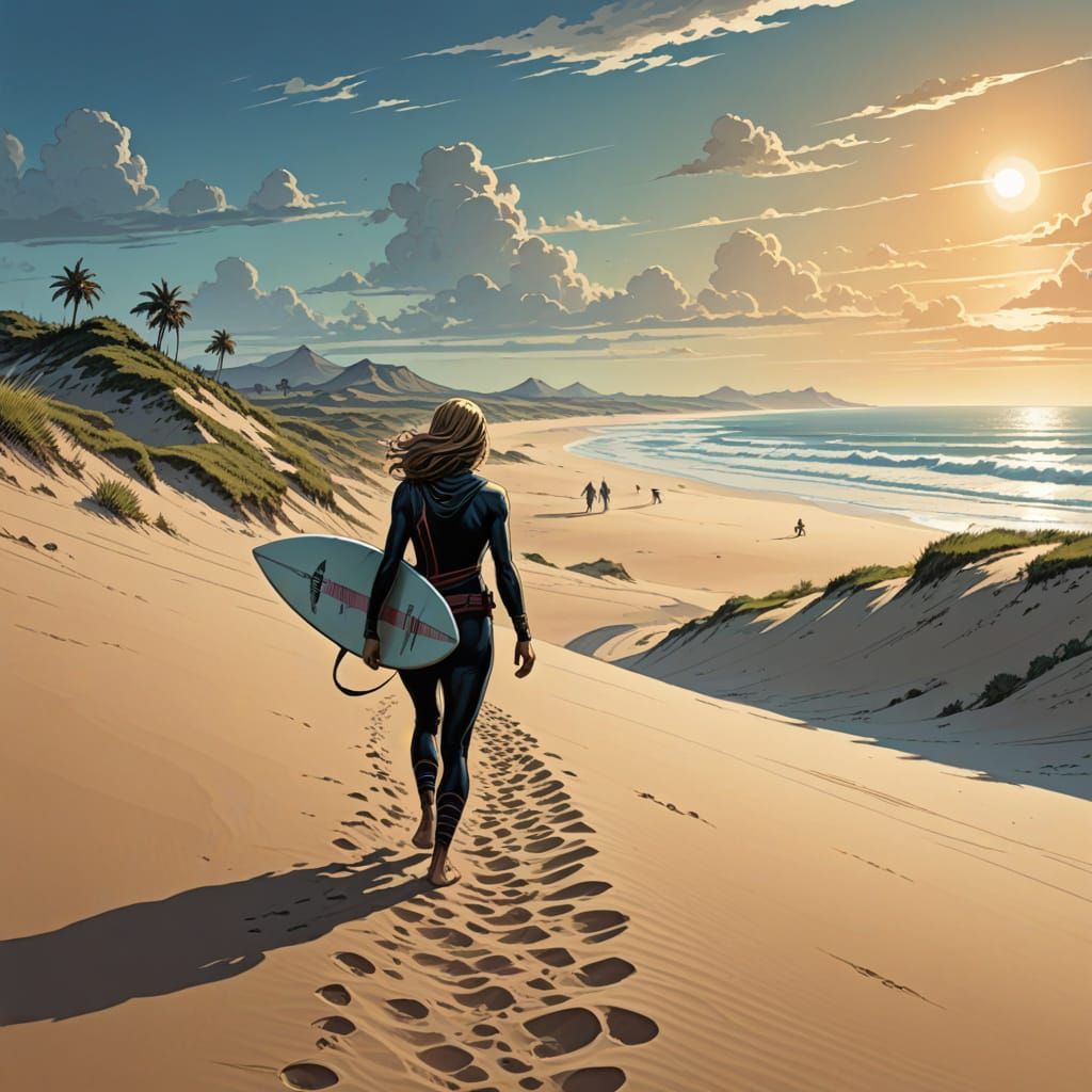 Fantasy style surfer girl walking down  a dune to the sea