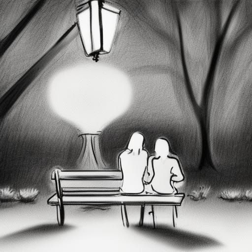 Black and White Drawing of Two Women on Bench