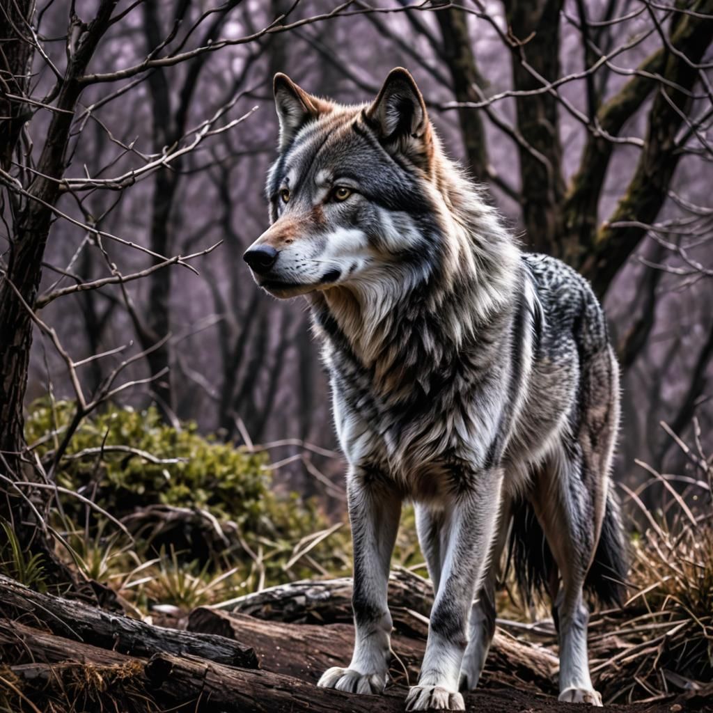 Silver Wolf with Purple Sheen: Hyperrealistic Image