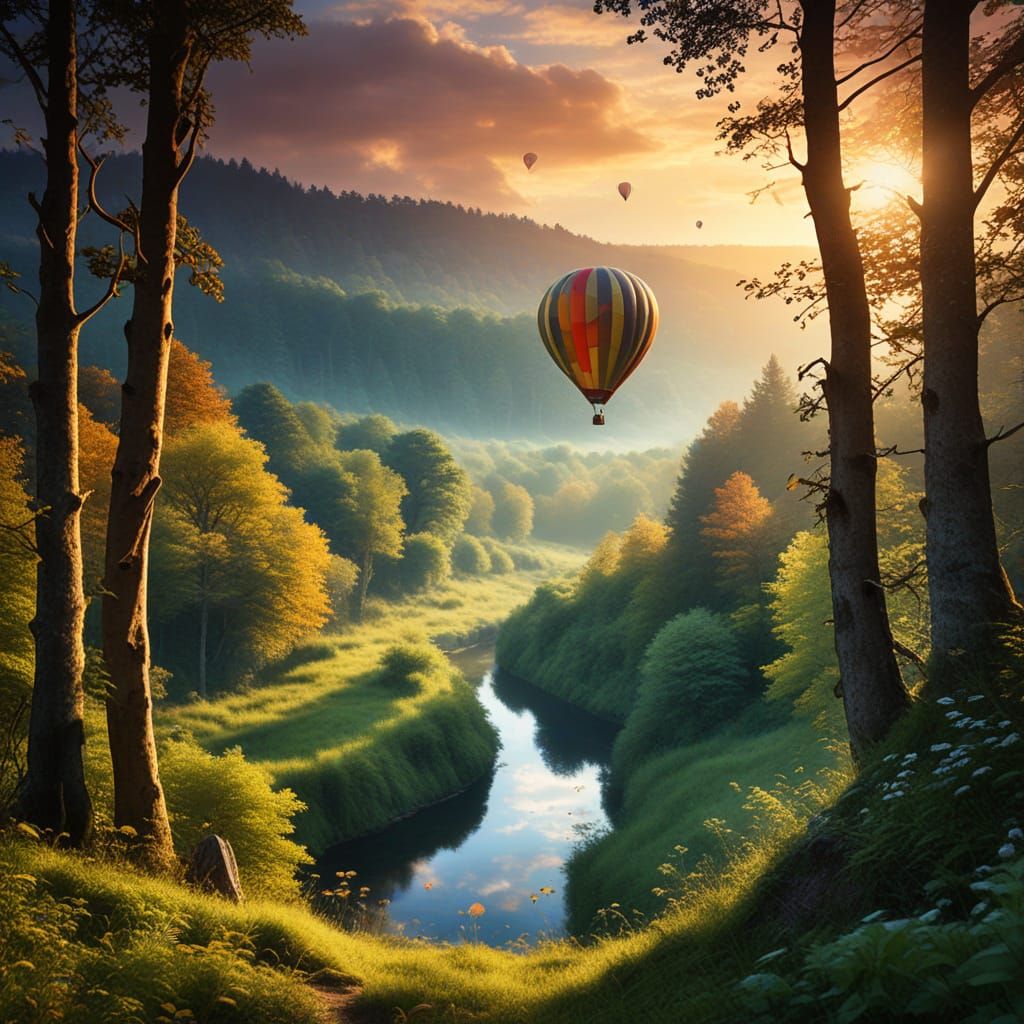 Hot Air Balloon Over Woodland Fantasy Scene