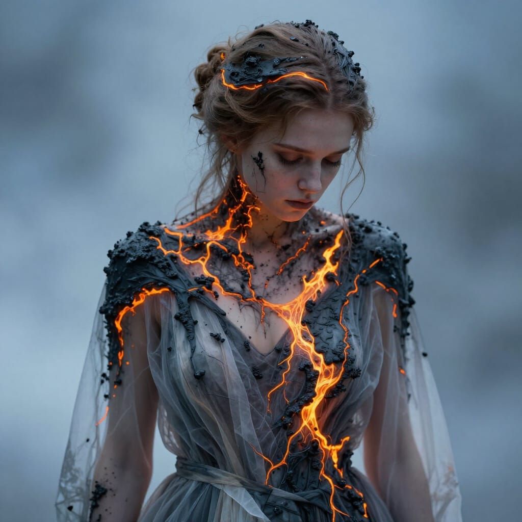 Melancholy Woman Enveloped in Fiery Charcoal Substance
