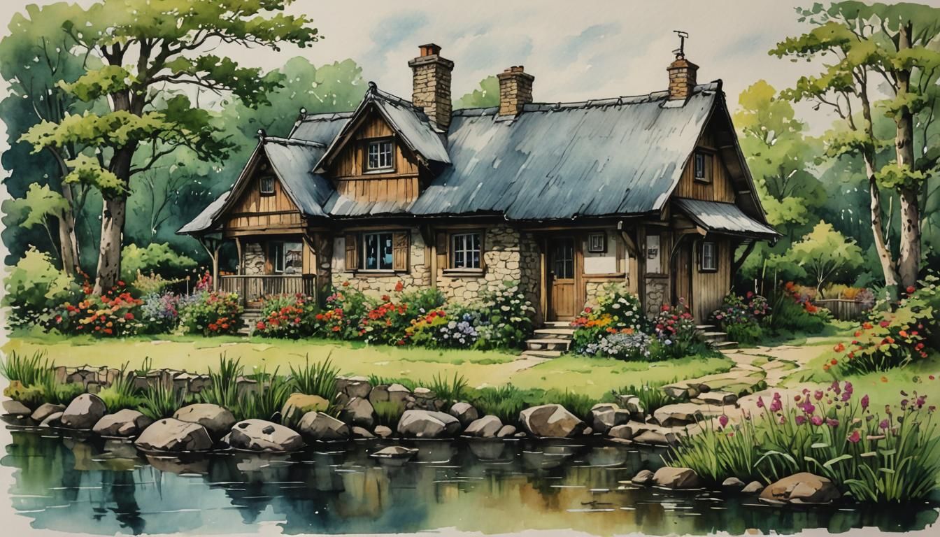 Charming Cottage in Watercolor Ink Style