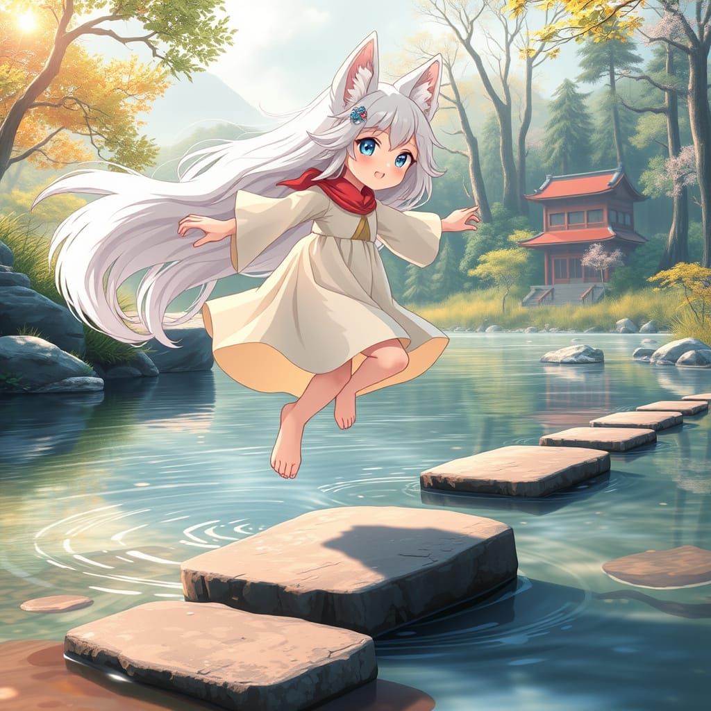 Wolfgirl in Whimsical River Landscape