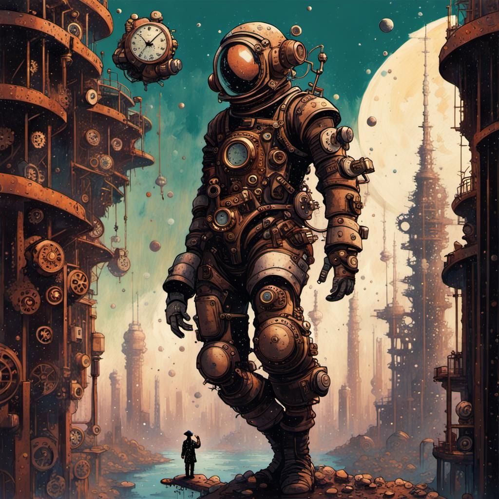 Steampunk Astronaut in Ukiyo-e Splash Art Style