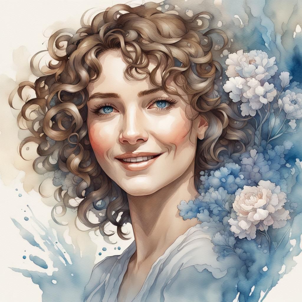 Watercolor Portrait of a Smiling Woman with Floral Backgroun...