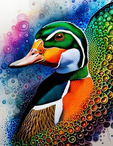 Psychedelic Bioluminescent Duck in Watercolor and Ink