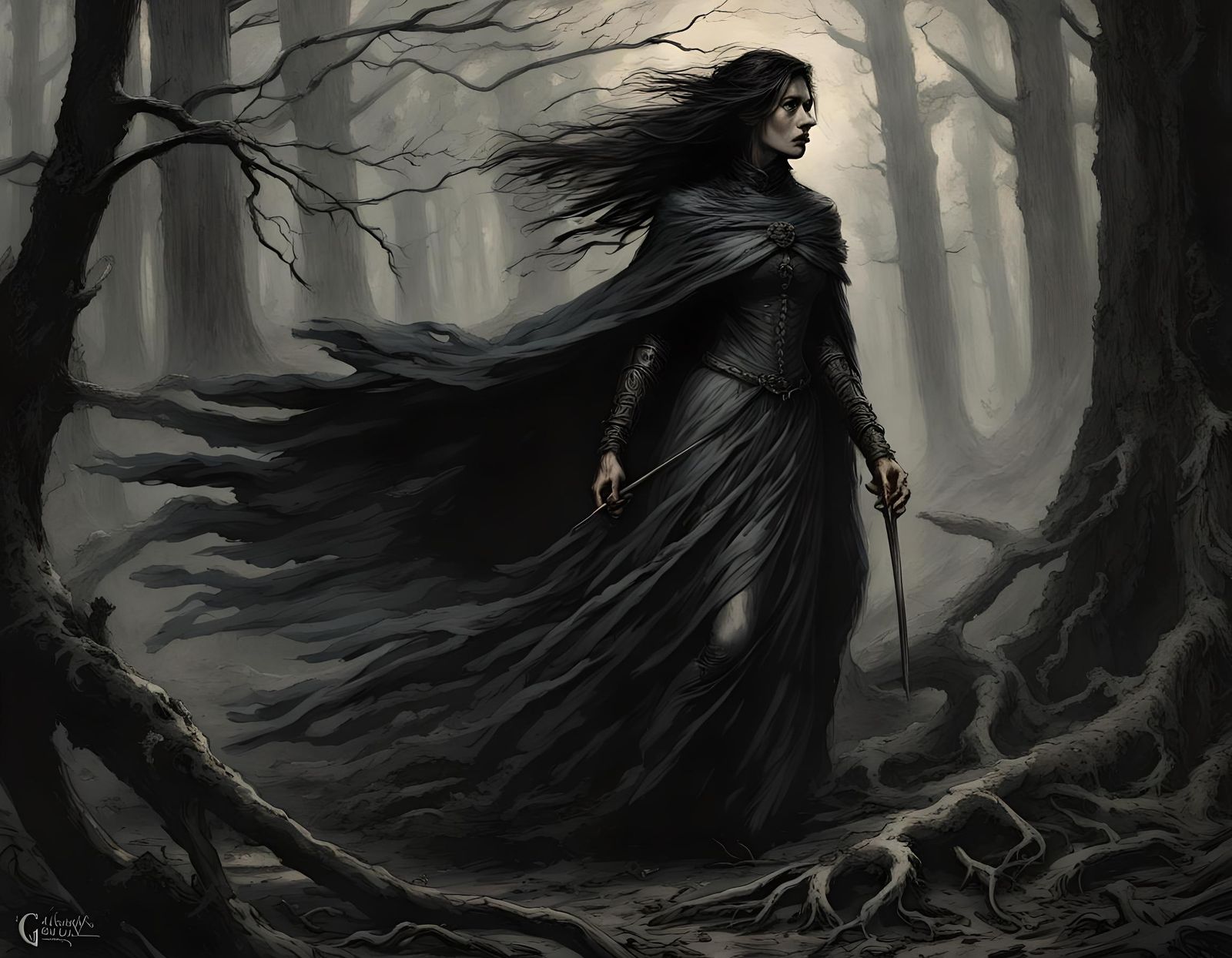 Dark Fantasy Female Warrior in a Forest