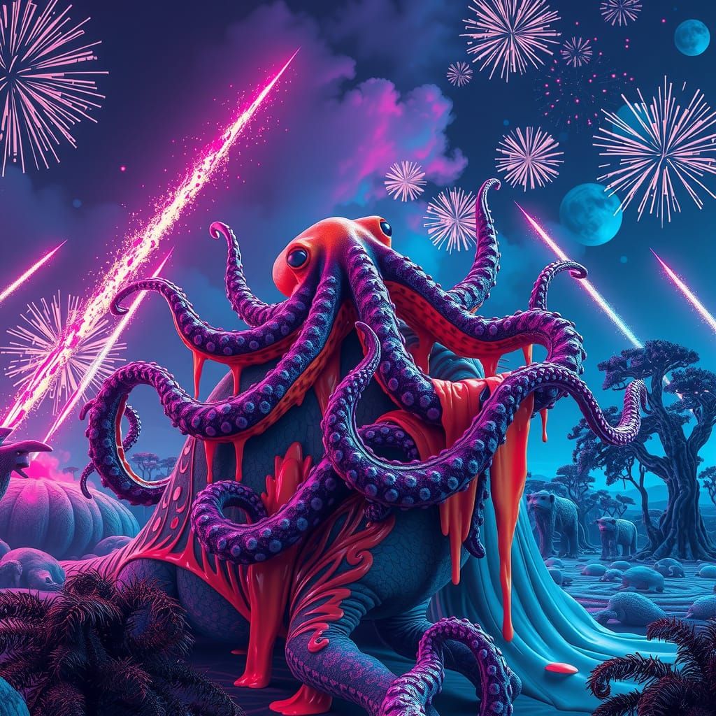 Surreal Neon Landscape with Melting Octopus and Sphinx
