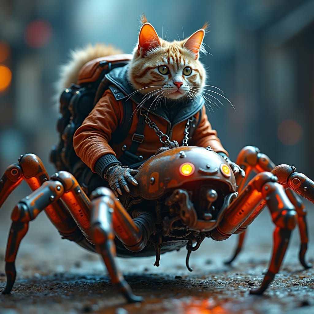 Steampunk Cat Riding Spider in Sci-Fi Style