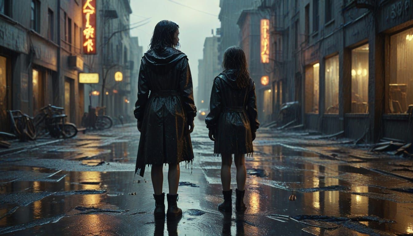 Girl in Rainy Post-Apocalyptic City: Surreal Cinematic Still