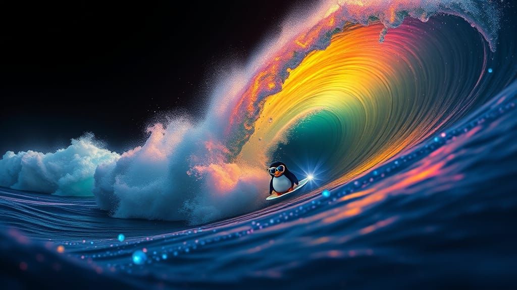 Neon Penguin Surfing Bioluminescent Wave in Hyper-Surrealism