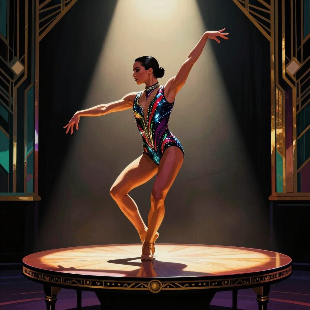 Dancer in Sequined Costume on Table Spotlight