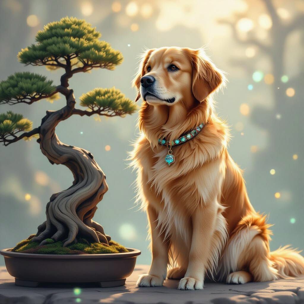 Golden Retriever with Bioluminescent Fur in Nebula Light