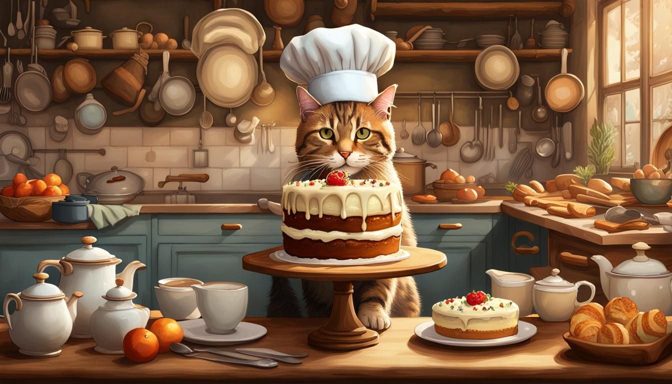 Chef Cat Decorates Cake in Provencal Kitchen