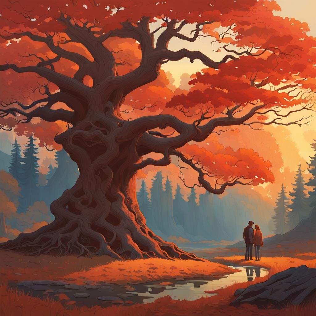 Epic Red Maple Sunset: Matte Painting Landscape