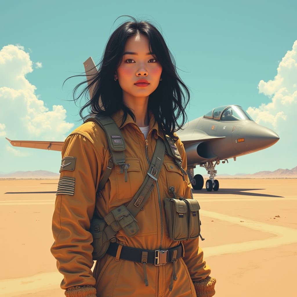 Woman in Flightsuit on Desert Runway with Fighter Jet