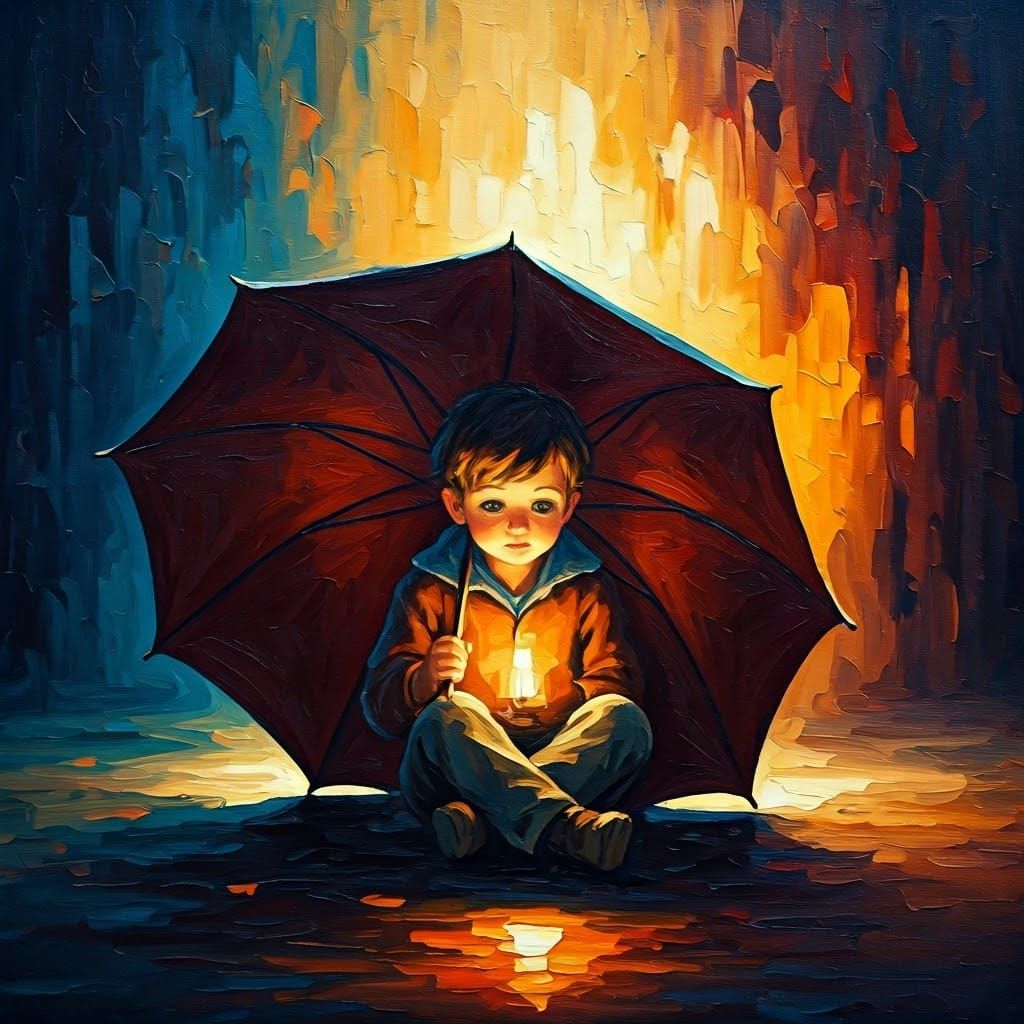 Cozy Art Deco Scene with Serene Boy and Vibrant Umbrella