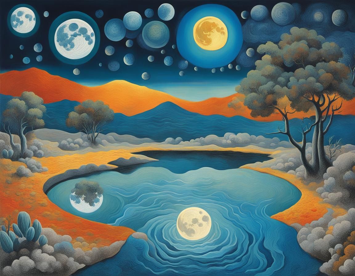 Lunar Oasis in Surreal Celestial Art Style