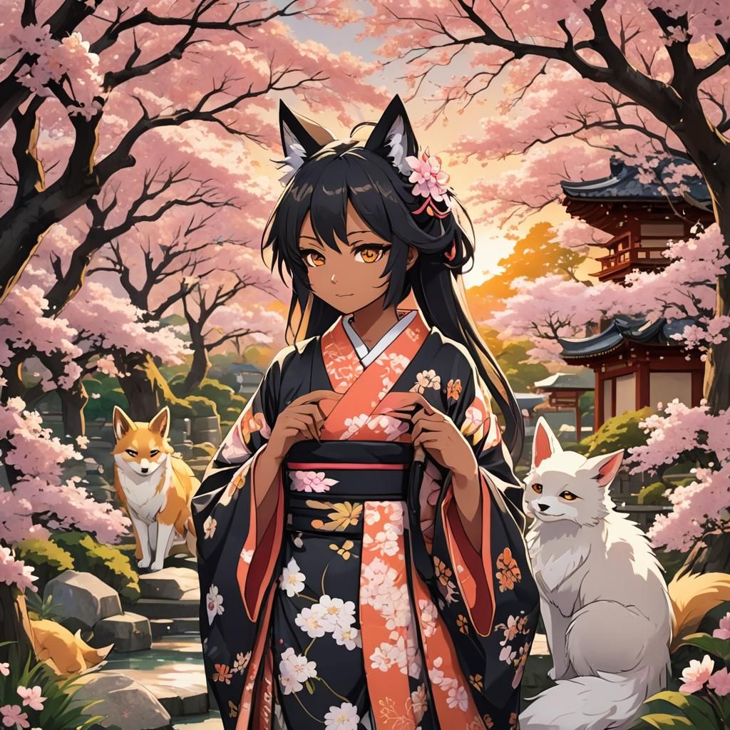 Anime Black Kitsune in Japanese Garden
