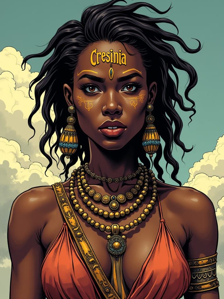 African Warrior Goddess in Moebius-Inspired Comic Book Style