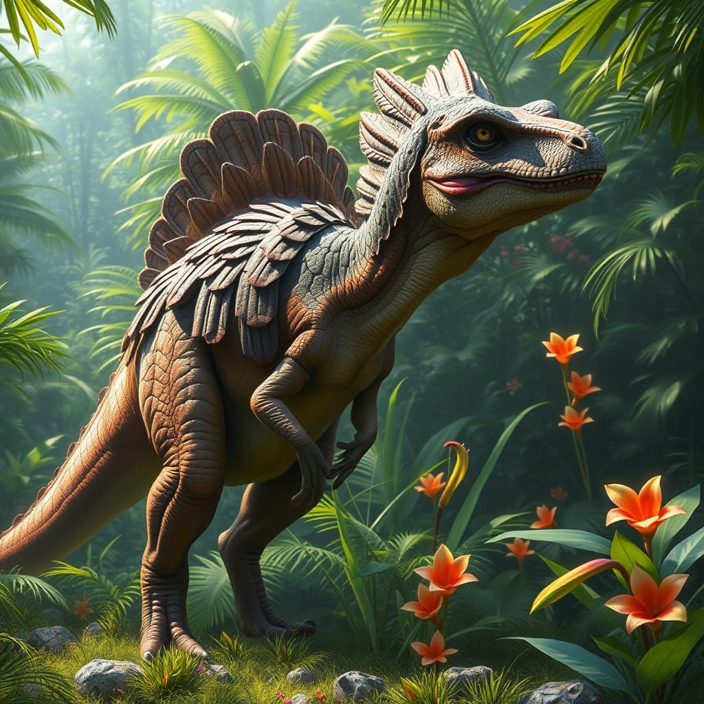 Feathered Dinosaur in Lush Jungle Digital Painting