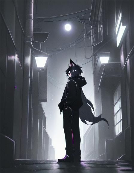 Furry Anime Boy in Dim Alley with Neon Lights