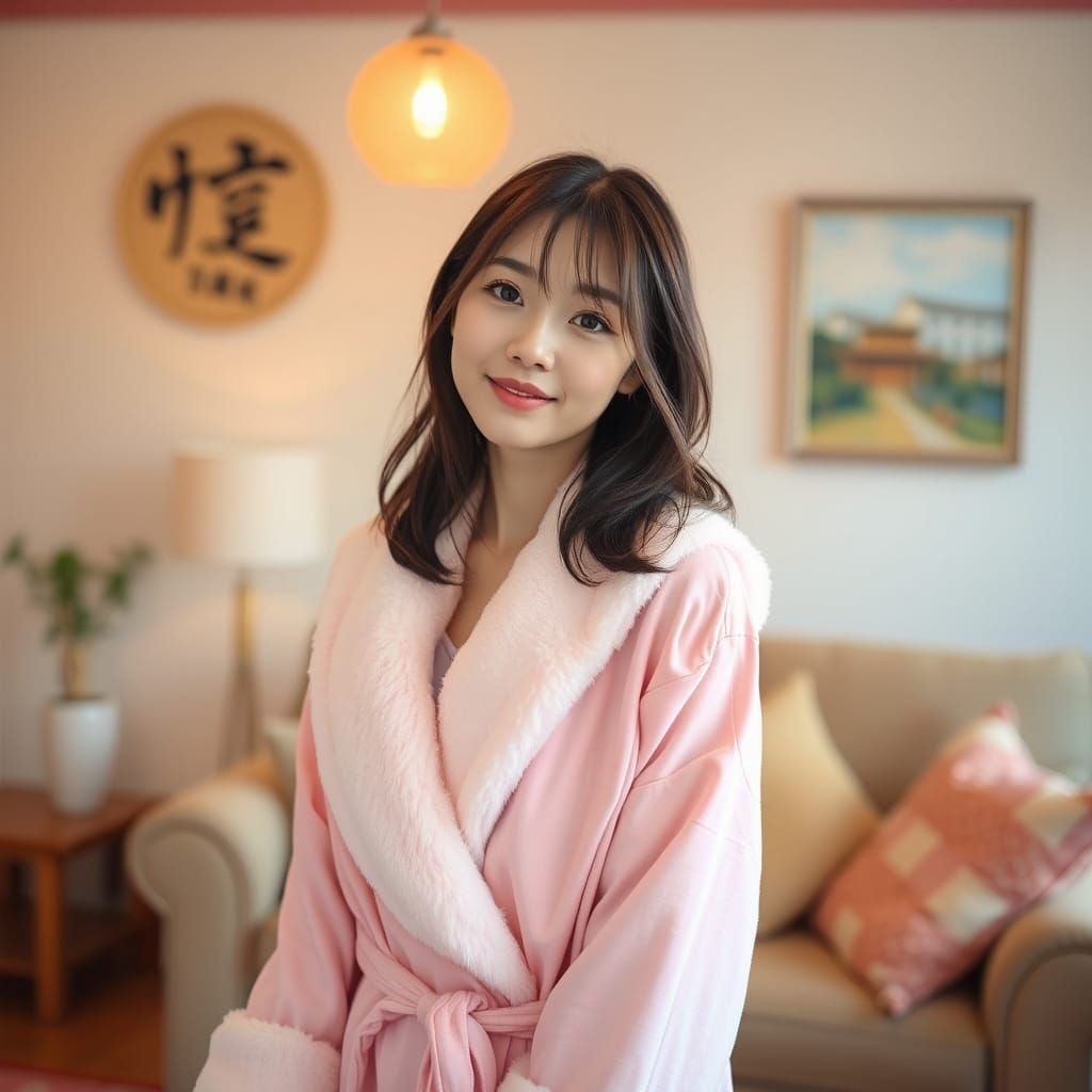 Japanese Gyaru Woman in Pastel Pink Bathrobe