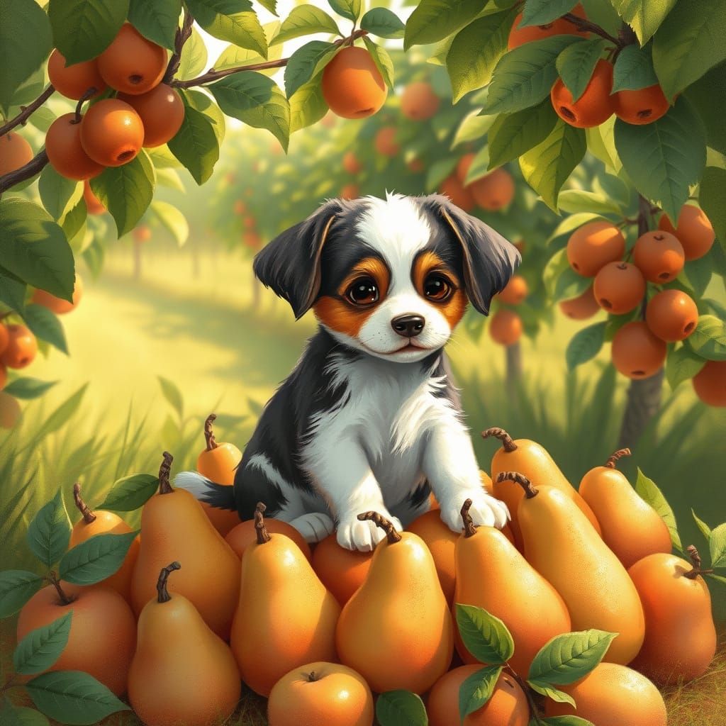 Whimsical Pear Puppy in Lush Orchard