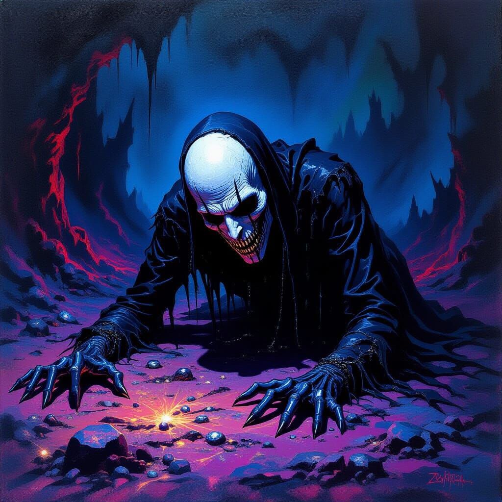 Evil Black Entity Escapes Hellscape in Surreal Oil Painting