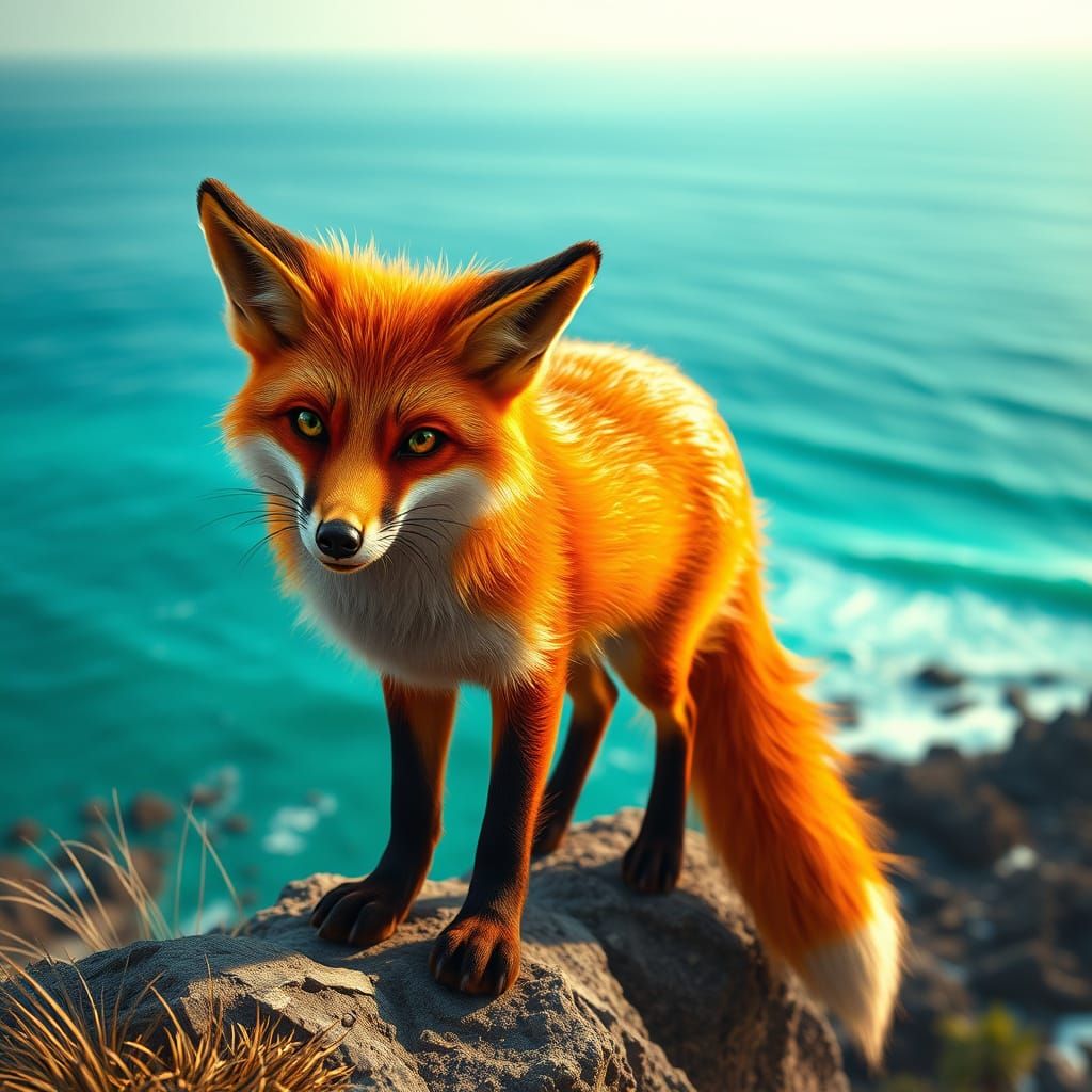 Fox Basks in Sunset Glow Over Turquoise Ocean