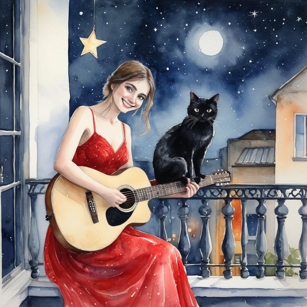 Woman in Red Dress Plays Guitar: Watercolour Painting