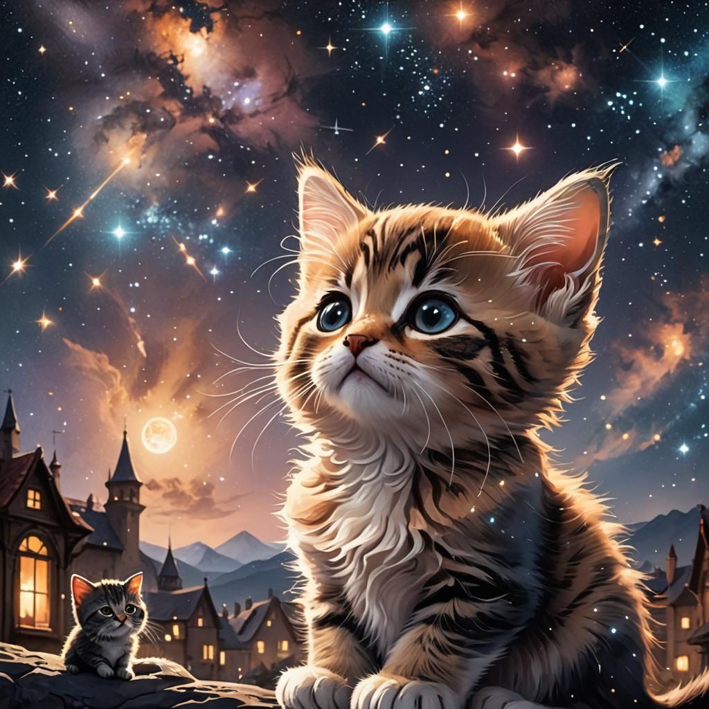 Dreamy Kitten Gazing at Cat Constellation