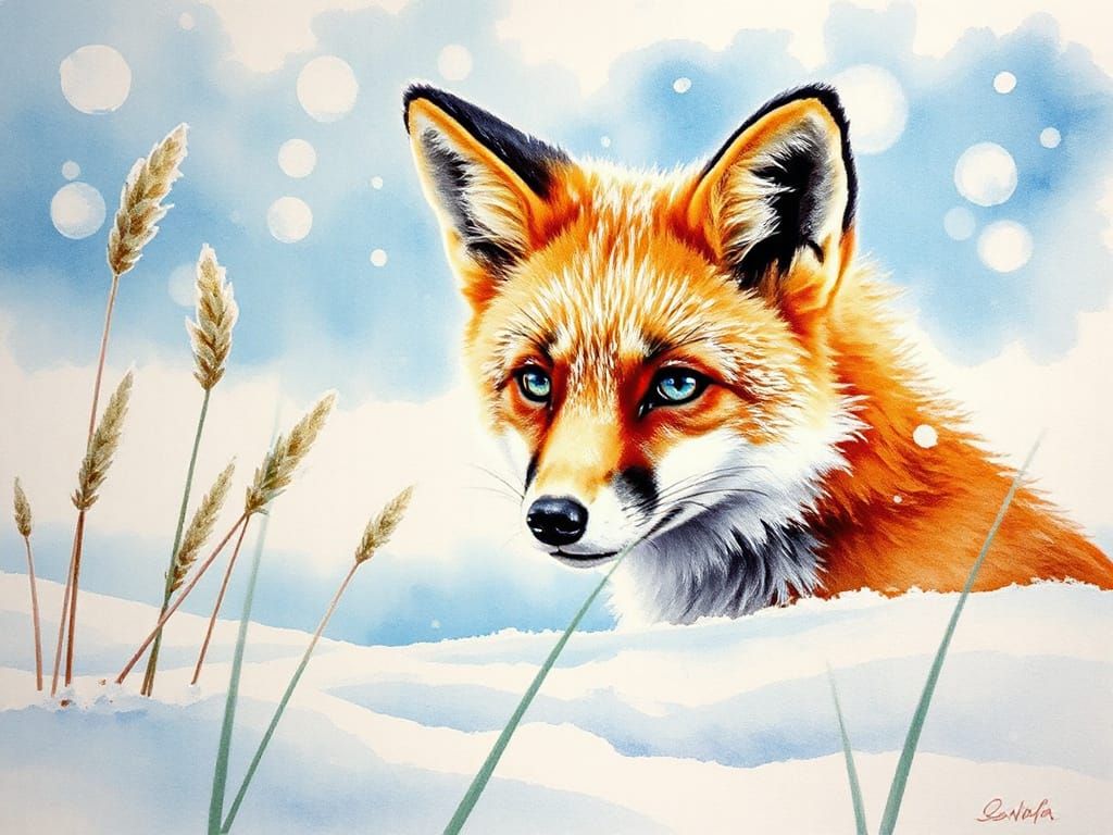 Vibrant Watercolor Fox in Snowy Landscape