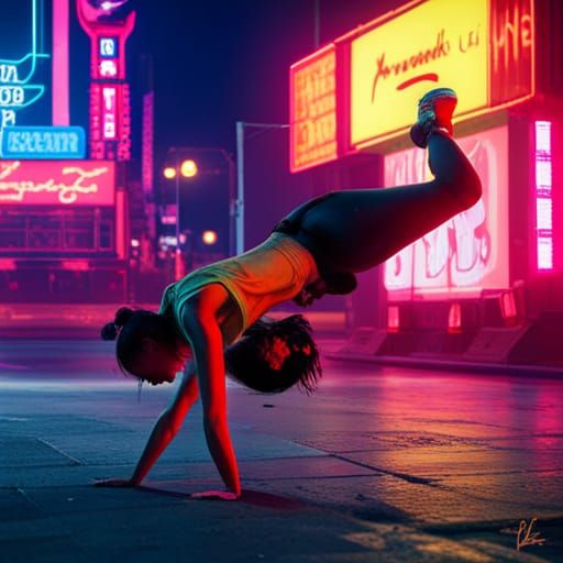 Hyperrealistic 80s Breakdancer in Cyberpunk Neon Scene