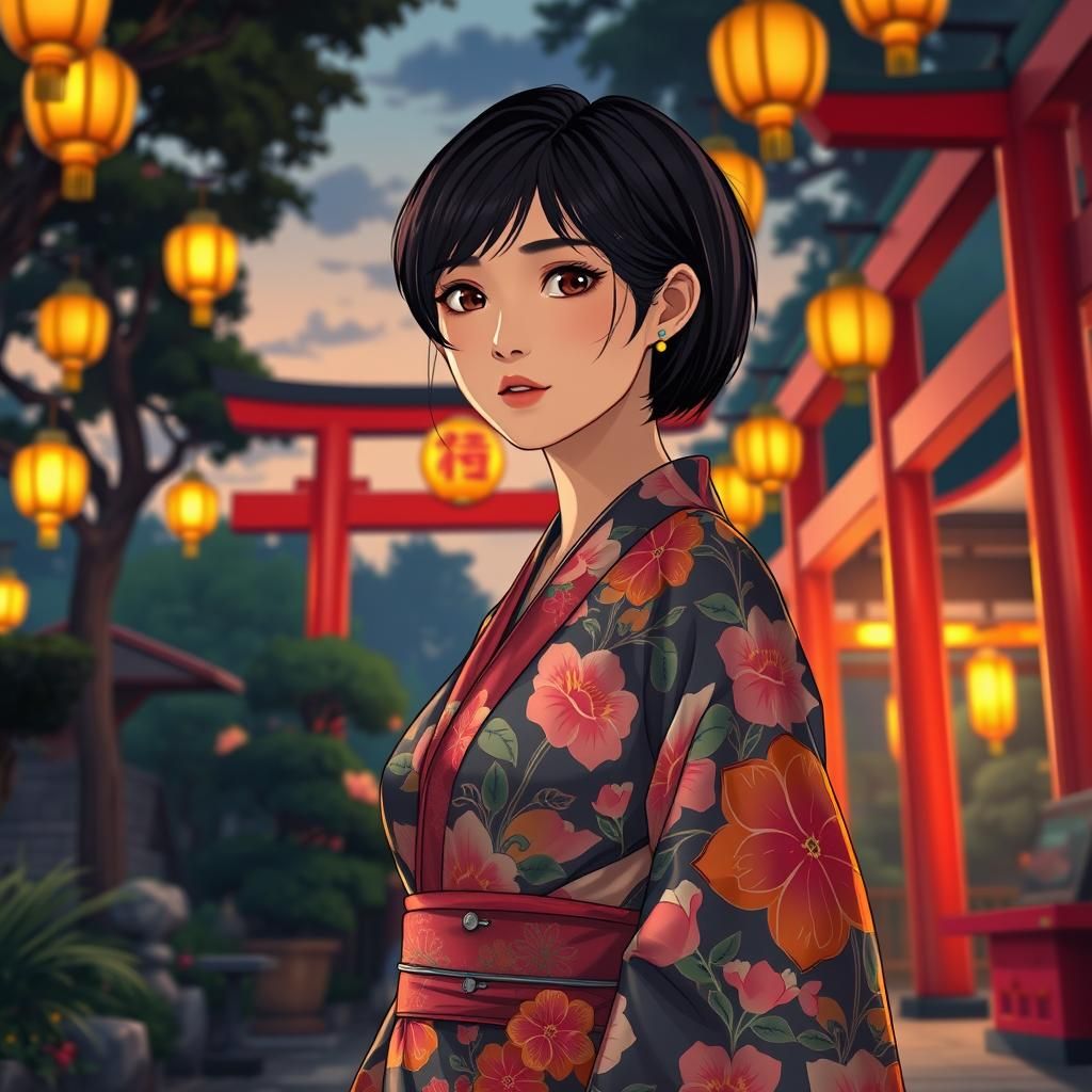 Thai Woman at Shrine Festival in Manga Style