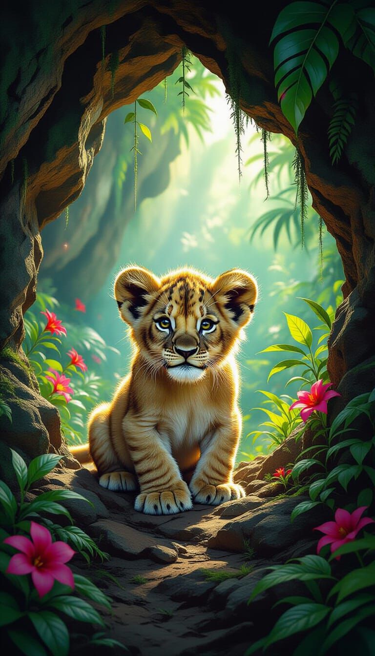 Lion Cub Emerges from Cave in Graffiti Art Style