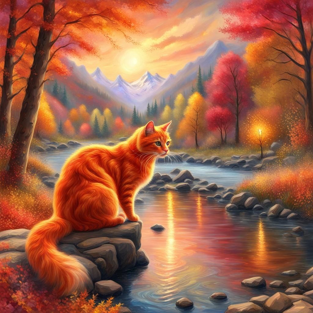 Fiery Cat in Autumn Woods: A Visionary Illustration